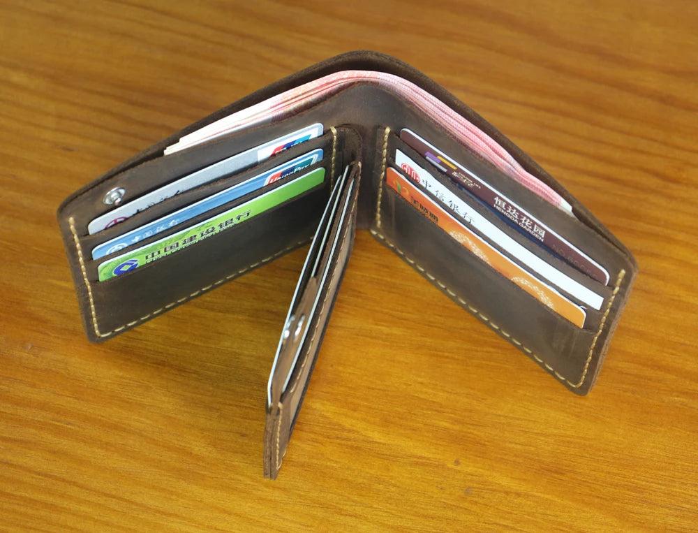 High Class Handmade Crazy Horse Genuine Leather Men's Wallet Purse Male Money Bag Short Multi-Card Wallet Money Clips MC-309