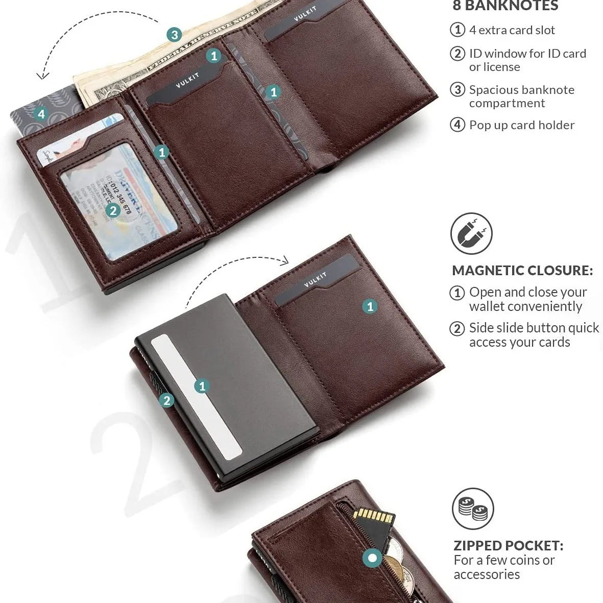Men Card Holder with Money Pocket PU Leather Pop Up Minimalist Wallet RFID Blocking Slim Metal Bank Card Case