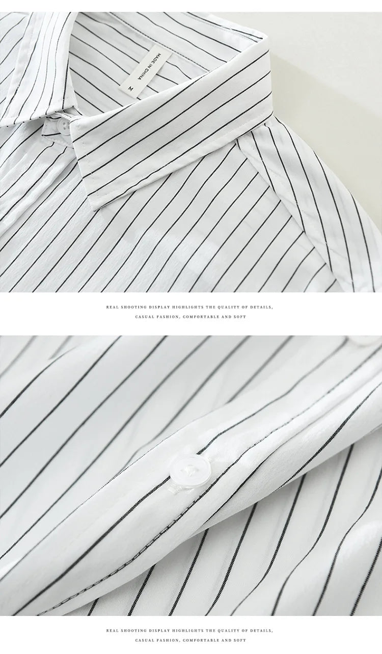 2025 Autumn New Fresh Striped 100% Cotton Long Sleeve Shirt for Men Clothing Comfort Turn-down Collar Tops CM7629