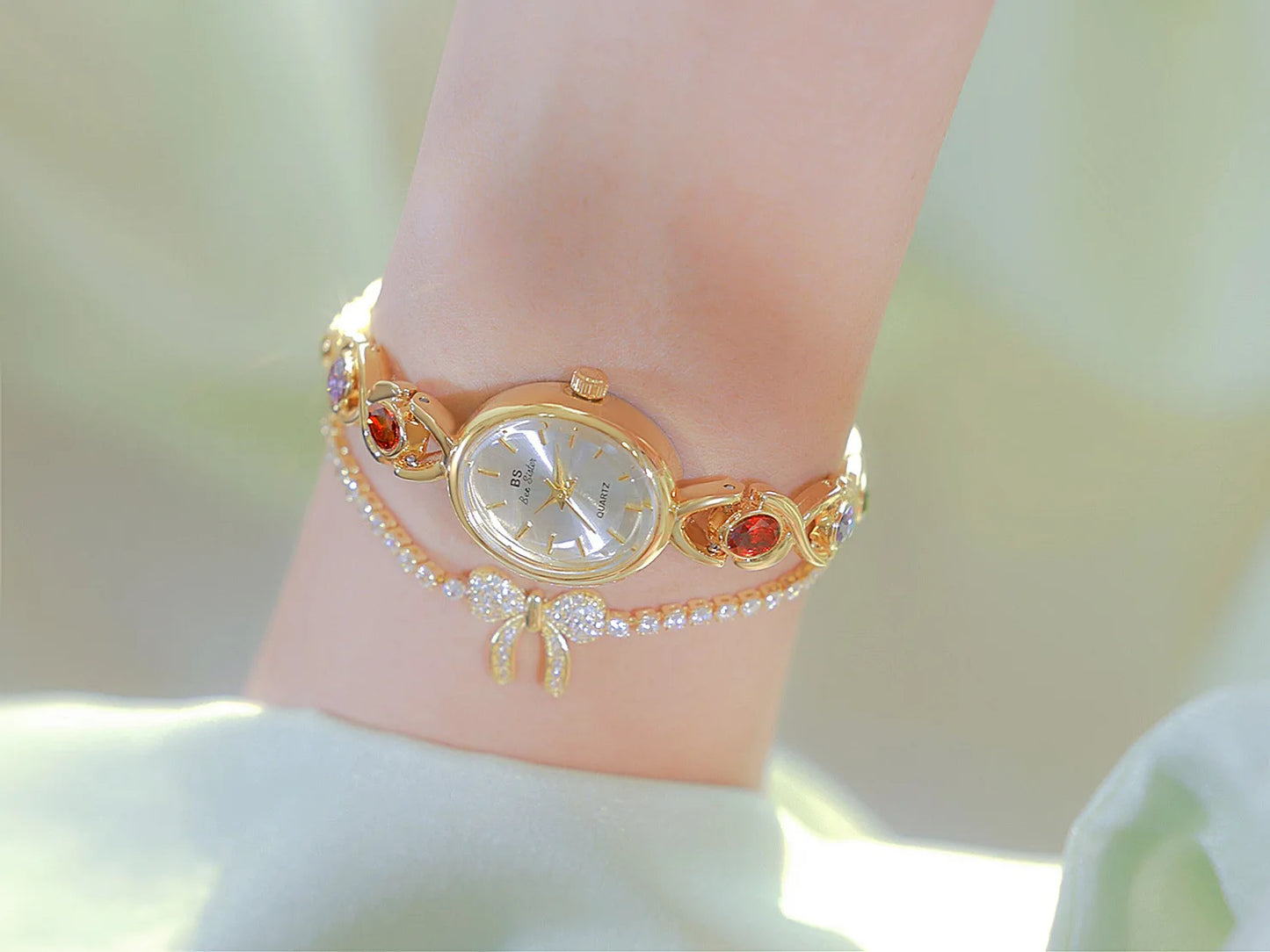 Women's Oval Rainbow Gem Light Luxury Wristwatch Fashion Elegant Waterproof Bracelet Watch Exquisite Small Clock Reloj V43