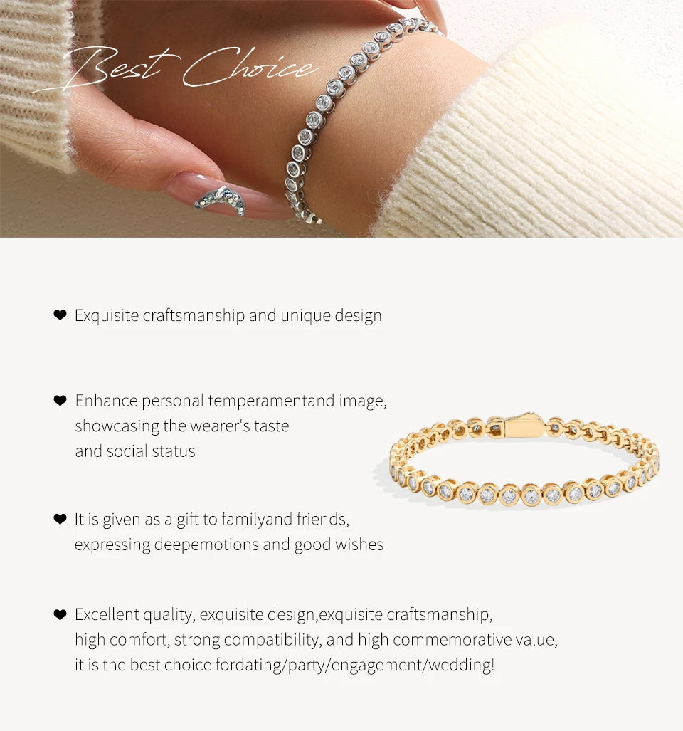 ATTAGEMS Round Cut 3mm Moissanite Tennis Bracelet 925 Sterling Silver Gold Plated Women Men's Bracelet Engagement Luxury Jewelry