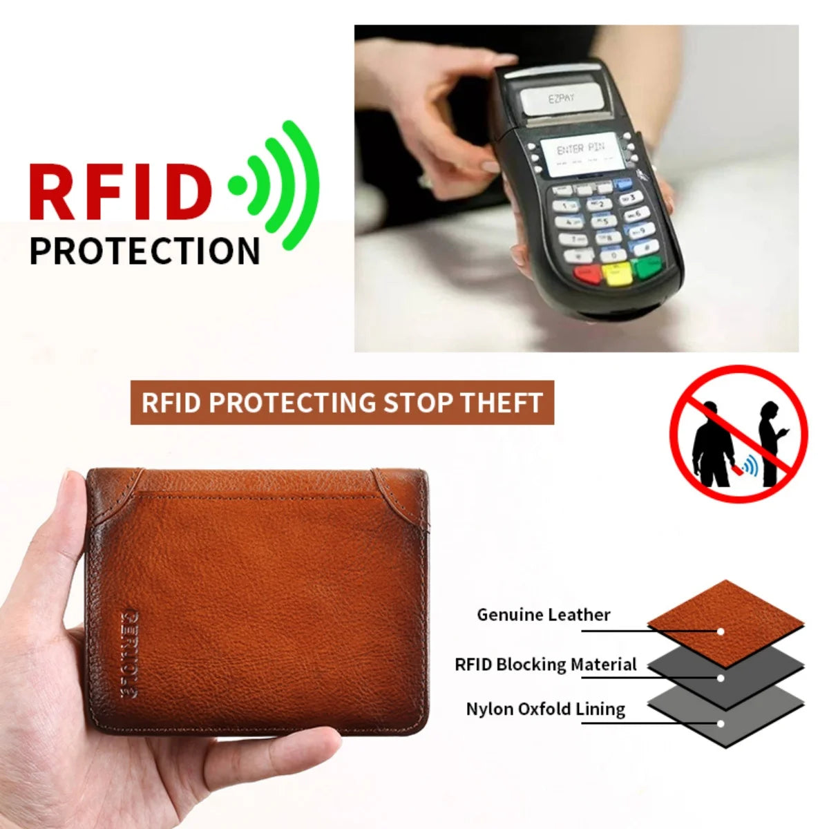 Mens bifold Wallet Genuine Leather RFID Card Holders Cowhide Zip Coin Pocket wallets for men