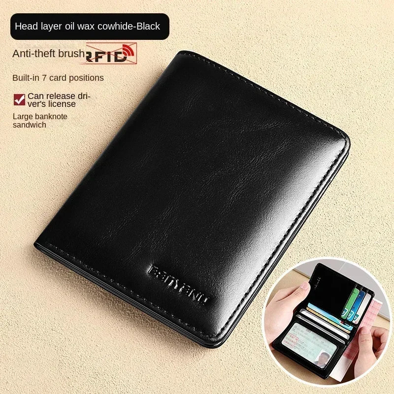 Men's Blue Money Bag Genuine Leather Rfid Wallet for Men Slim Vertical Wallets Black Thin Short ID Credit Card Holder Minimalist