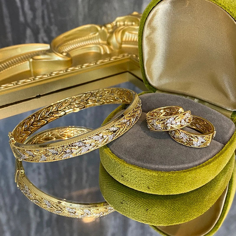 Aazuo 18K Yellow Gold Real Diamonds Luxury Jewerly Fashion Vintage Bangle Gifted For Women  Engagement Halo anillos mujer Party