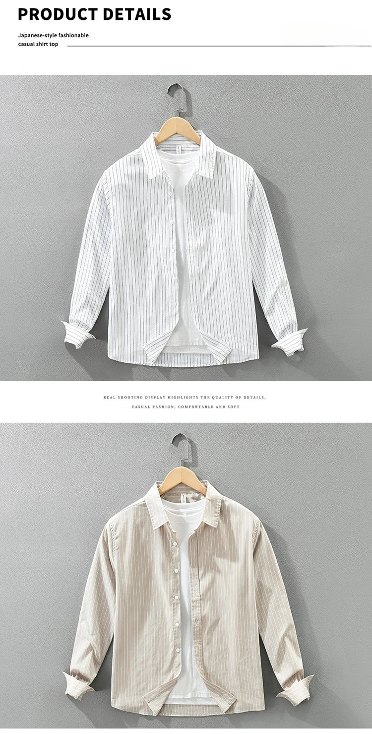 2025 Autumn New Fresh Striped 100% Cotton Long Sleeve Shirt for Men Clothing Comfort Turn-down Collar Tops CM7629