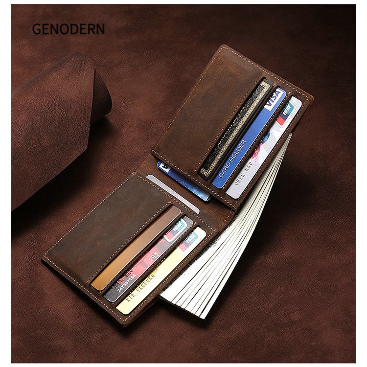 GENODERN Crazy Horse Leather Men's Wallet Vintage Cow Leather Wallet for Men Slim Male Purse