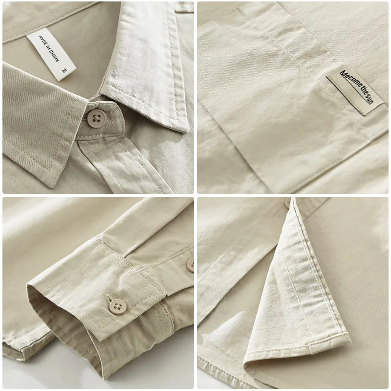 2025 Autumn New Simple Cargo 100% Cotton Long Sleeve Shirt for Men Clothing Solid Color Turn-down Collar Versatile CM7698