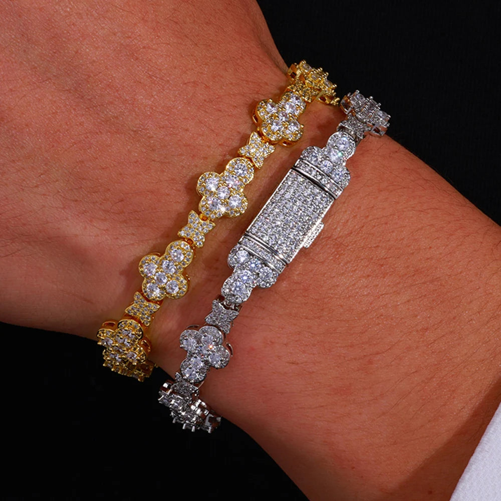 Personalized Trendy Niche Jewelry Hip Hop Cuban Chain 10mm Cross Flower Filled Zircon Bracelet for Men and Women