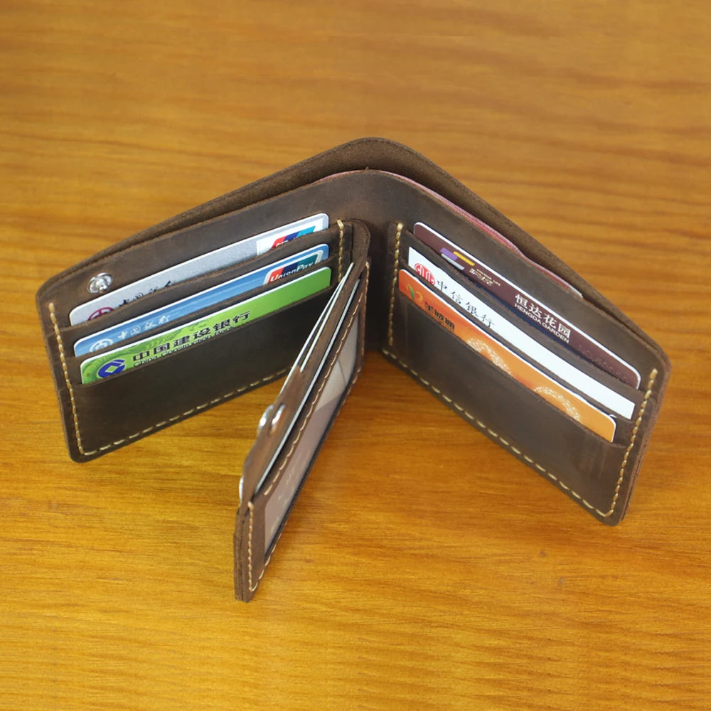 High Class Handmade Crazy Horse Genuine Leather Men's Wallet Purse Male Money Bag Short Multi-Card Wallet Money Clips MC-309