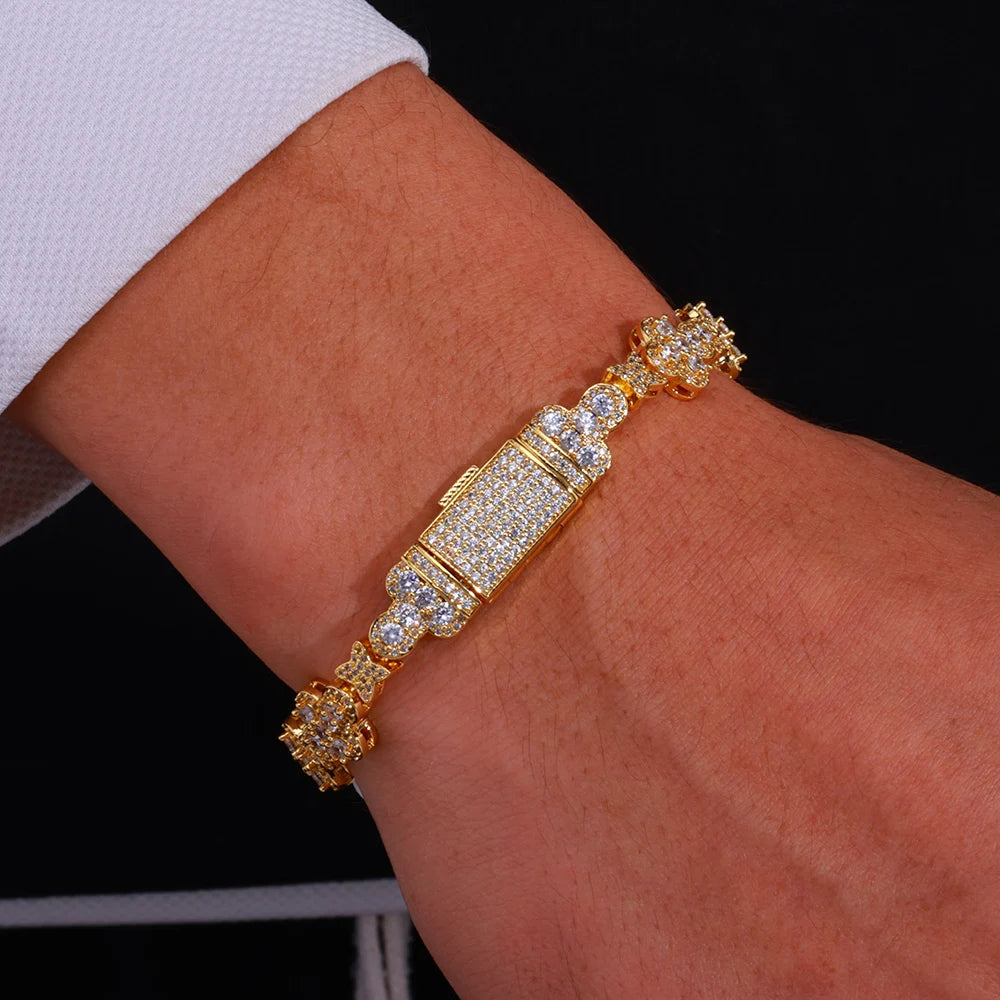 Personalized Trendy Niche Jewelry Hip Hop Cuban Chain 10mm Cross Flower Filled Zircon Bracelet for Men and Women