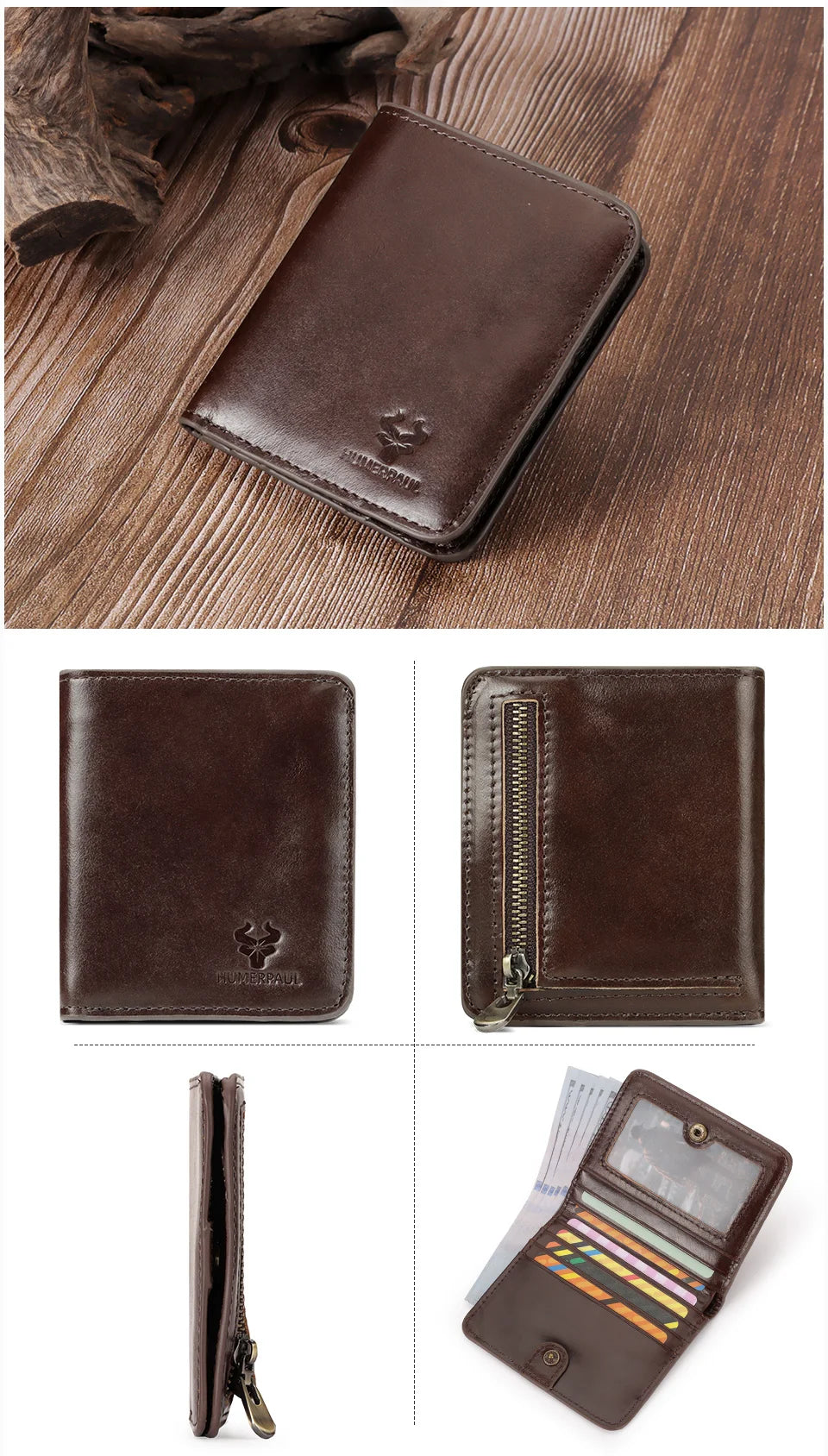 100% Genuine Leather Men's Wallet RFID Blocking Bifold Wallets with RFID Card Slots Thin Male Zipper Coin Purse Money Clip