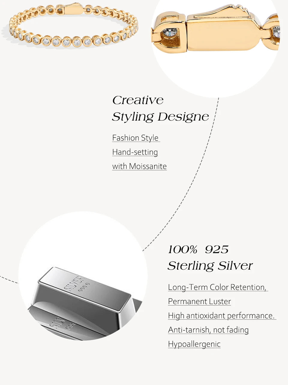 ATTAGEMS Round Cut 3mm Moissanite Tennis Bracelet 925 Sterling Silver Gold Plated Women Men's Bracelet Engagement Luxury Jewelry