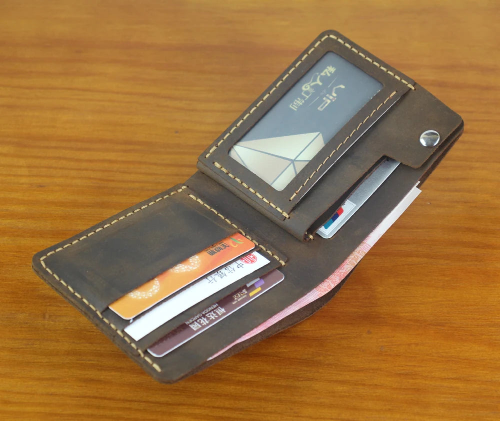 High Class Handmade Crazy Horse Genuine Leather Men's Wallet Purse Male Money Bag Short Multi-Card Wallet Money Clips MC-309