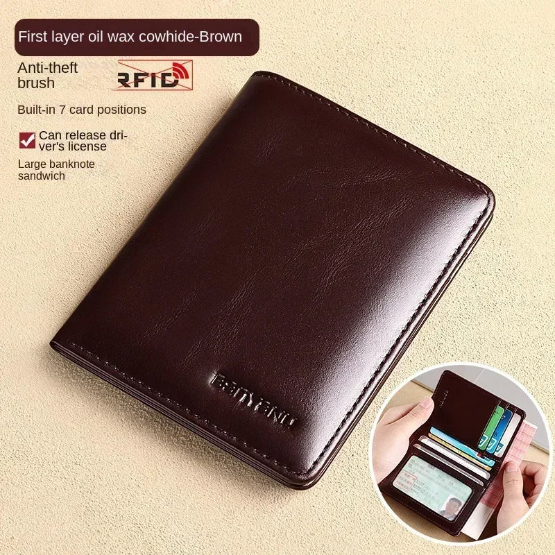 Men's Blue Money Bag Genuine Leather Rfid Wallet for Men Slim Vertical Wallets Black Thin Short ID Credit Card Holder Minimalist