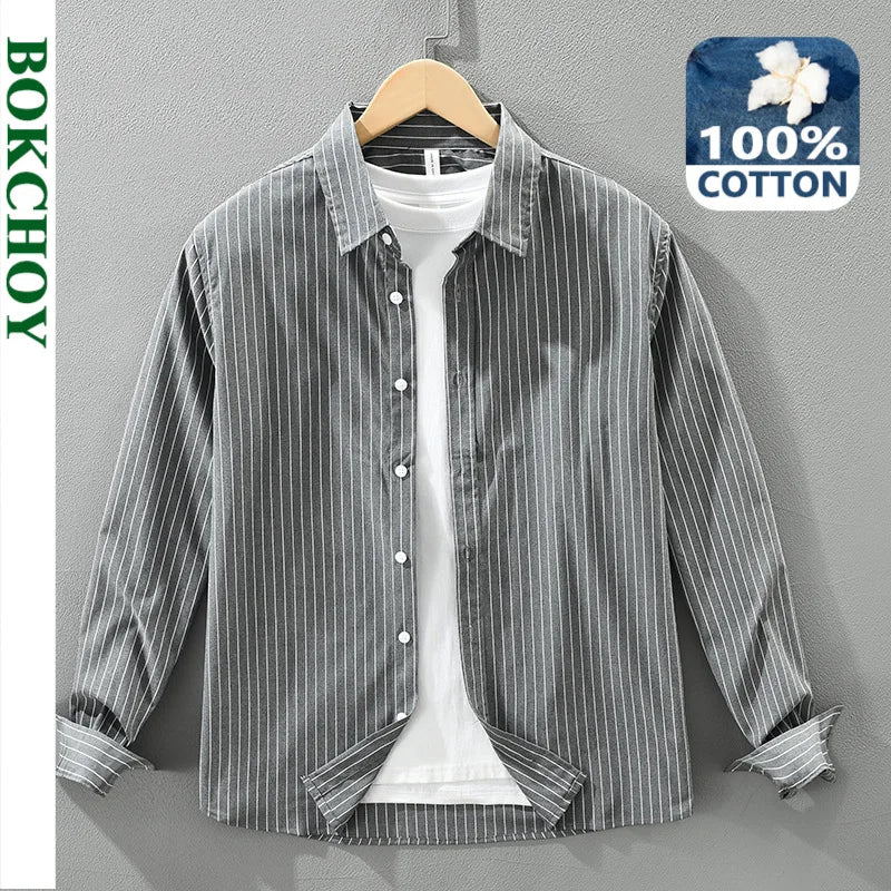 2025 Autumn New Fresh Striped 100% Cotton Long Sleeve Shirt for Men Clothing Comfort Turn-down Collar Tops CM7629