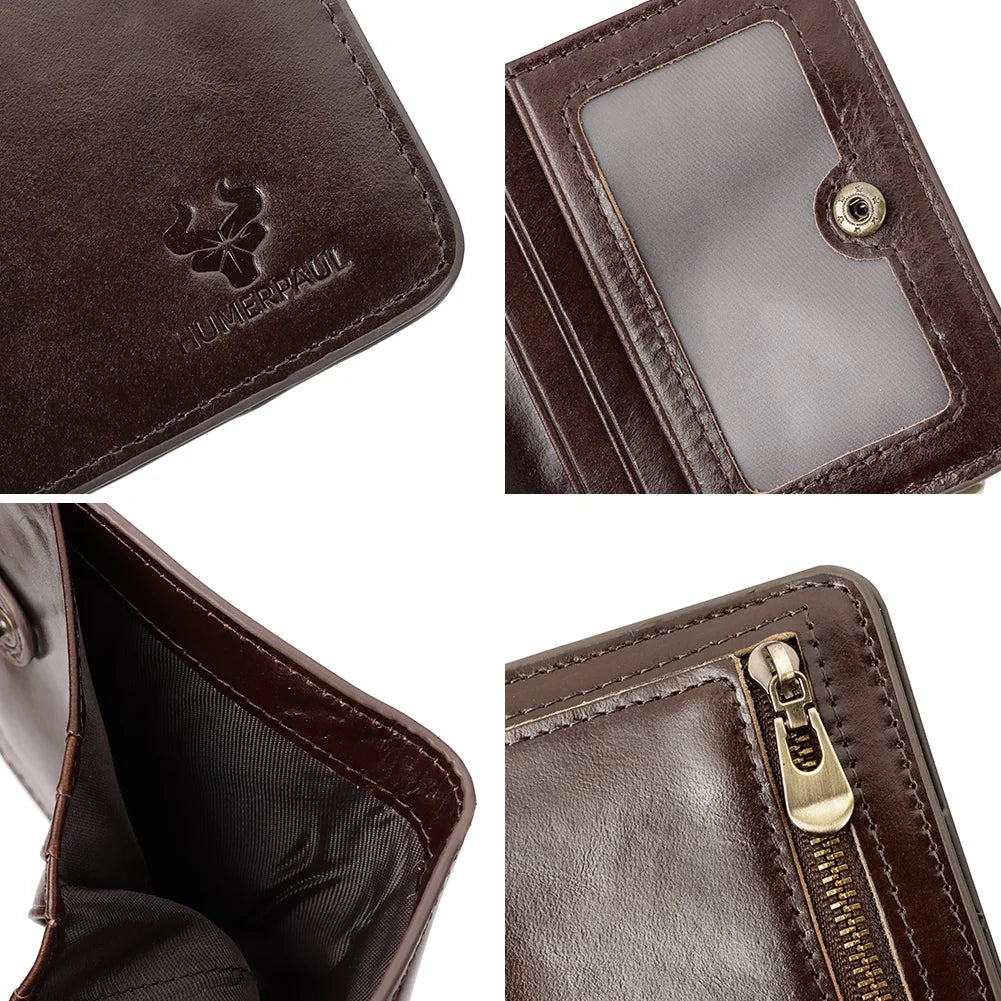 100% Genuine Leather Men's Wallet RFID Blocking Bifold Wallets with RFID Card Slots Thin Male Zipper Coin Purse Money Clip