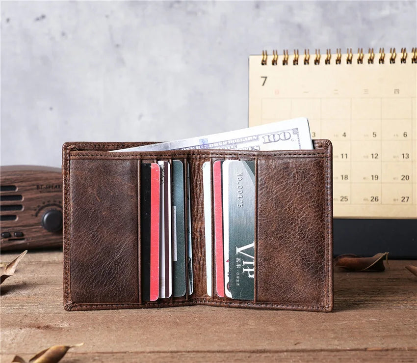 Mens Wallet Slim Genuine Leather Rfid Bifold Wallets for Man Vintage Front Pocket Multi Card Holder Bag Money Clip ID Card Purse
