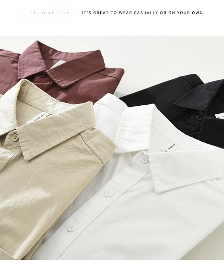 2025 Autumn New Simple Cargo 100% Cotton Long Sleeve Shirt for Men Clothing Solid Color Turn-down Collar Versatile CM7698
