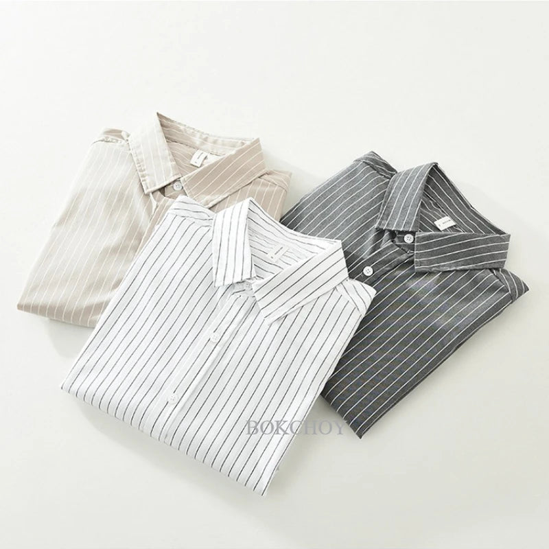 2025 Autumn New Fresh Striped 100% Cotton Long Sleeve Shirt for Men Clothing Comfort Turn-down Collar Tops CM7629