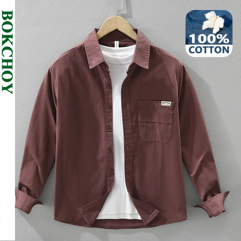 2025 Autumn New Simple Cargo 100% Cotton Long Sleeve Shirt for Men Clothing Solid Color Turn-down Collar Versatile CM7698