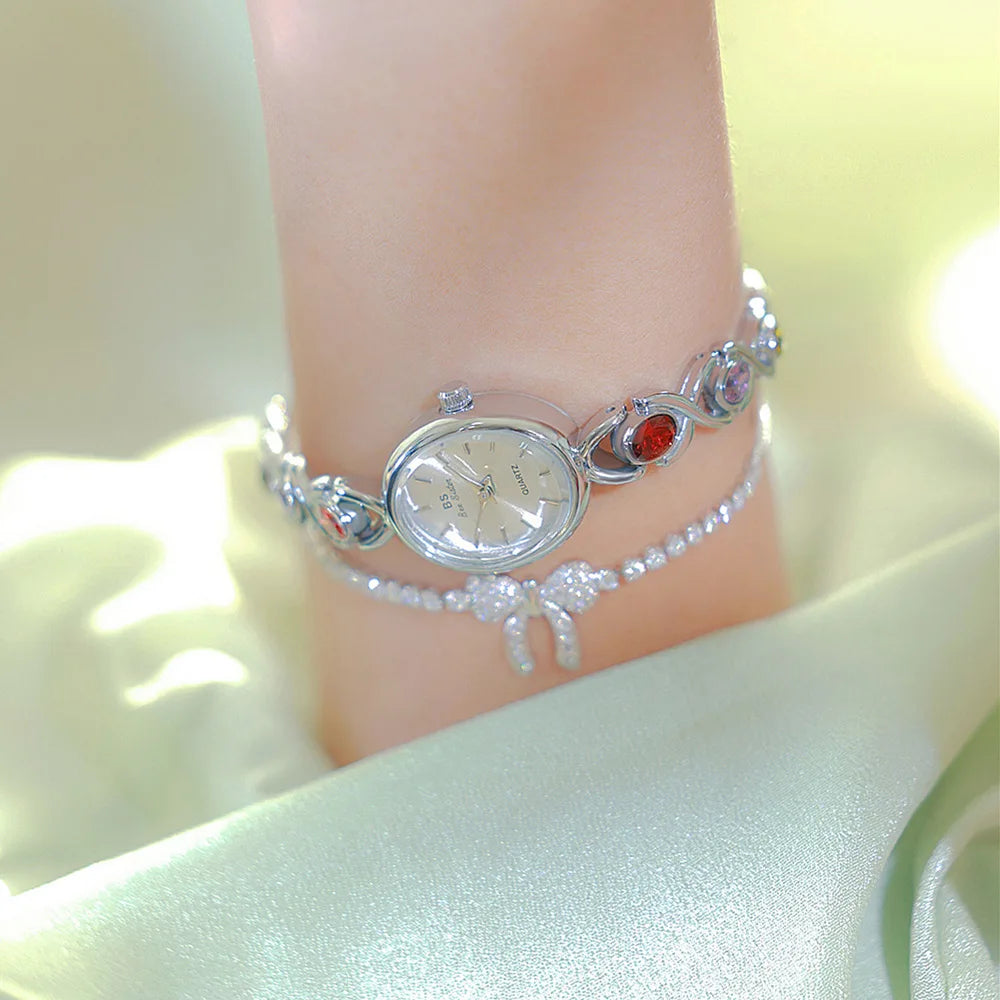 Women's Oval Rainbow Gem Light Luxury Wristwatch Fashion Elegant Waterproof Bracelet Watch Exquisite Small Clock Reloj V43