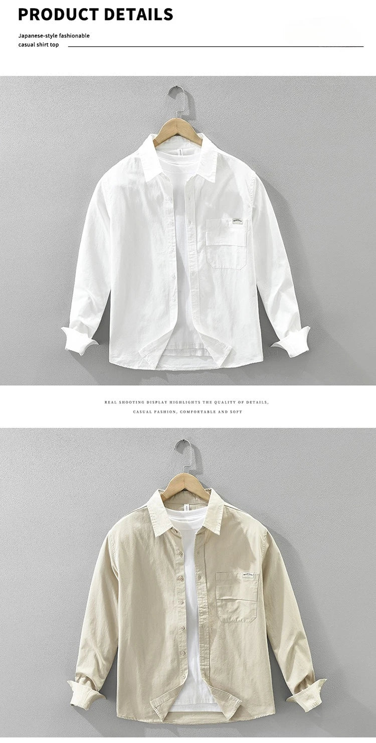 2025 Autumn New Simple Cargo 100% Cotton Long Sleeve Shirt for Men Clothing Solid Color Turn-down Collar Versatile CM7698
