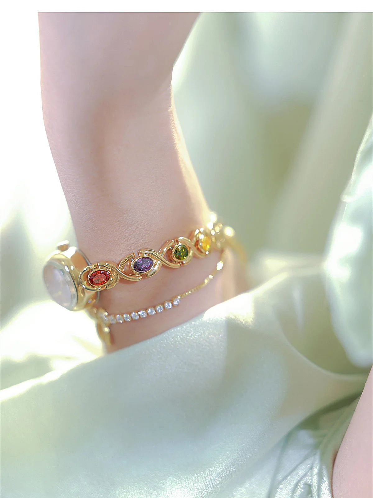 Women's Oval Rainbow Gem Light Luxury Wristwatch Fashion Elegant Waterproof Bracelet Watch Exquisite Small Clock Reloj V43