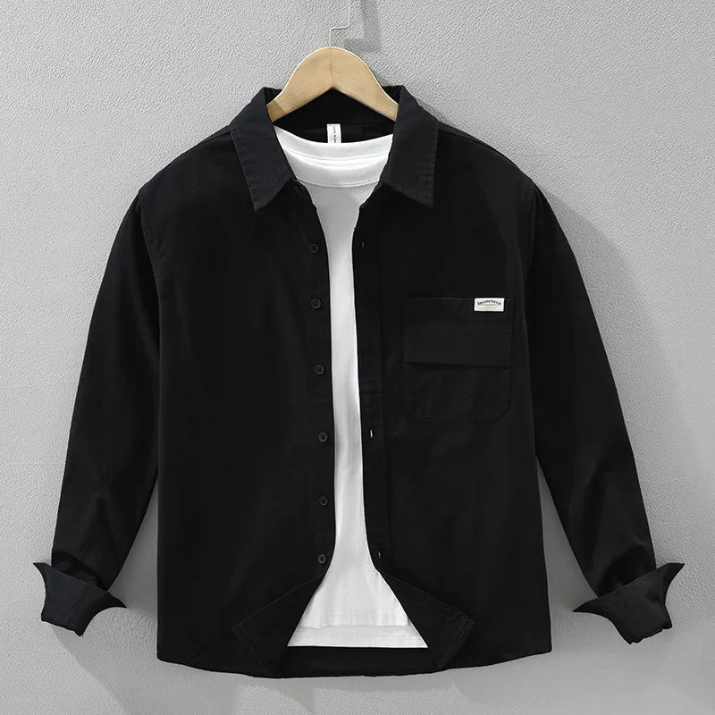 2025 Autumn New Simple Cargo 100% Cotton Long Sleeve Shirt for Men Clothing Solid Color Turn-down Collar Versatile CM7698