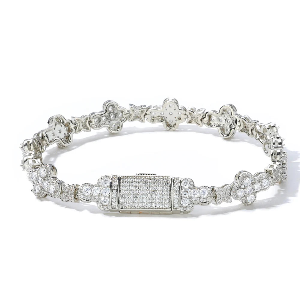 Personalized Trendy Niche Jewelry Hip Hop Cuban Chain 10mm Cross Flower Filled Zircon Bracelet for Men and Women