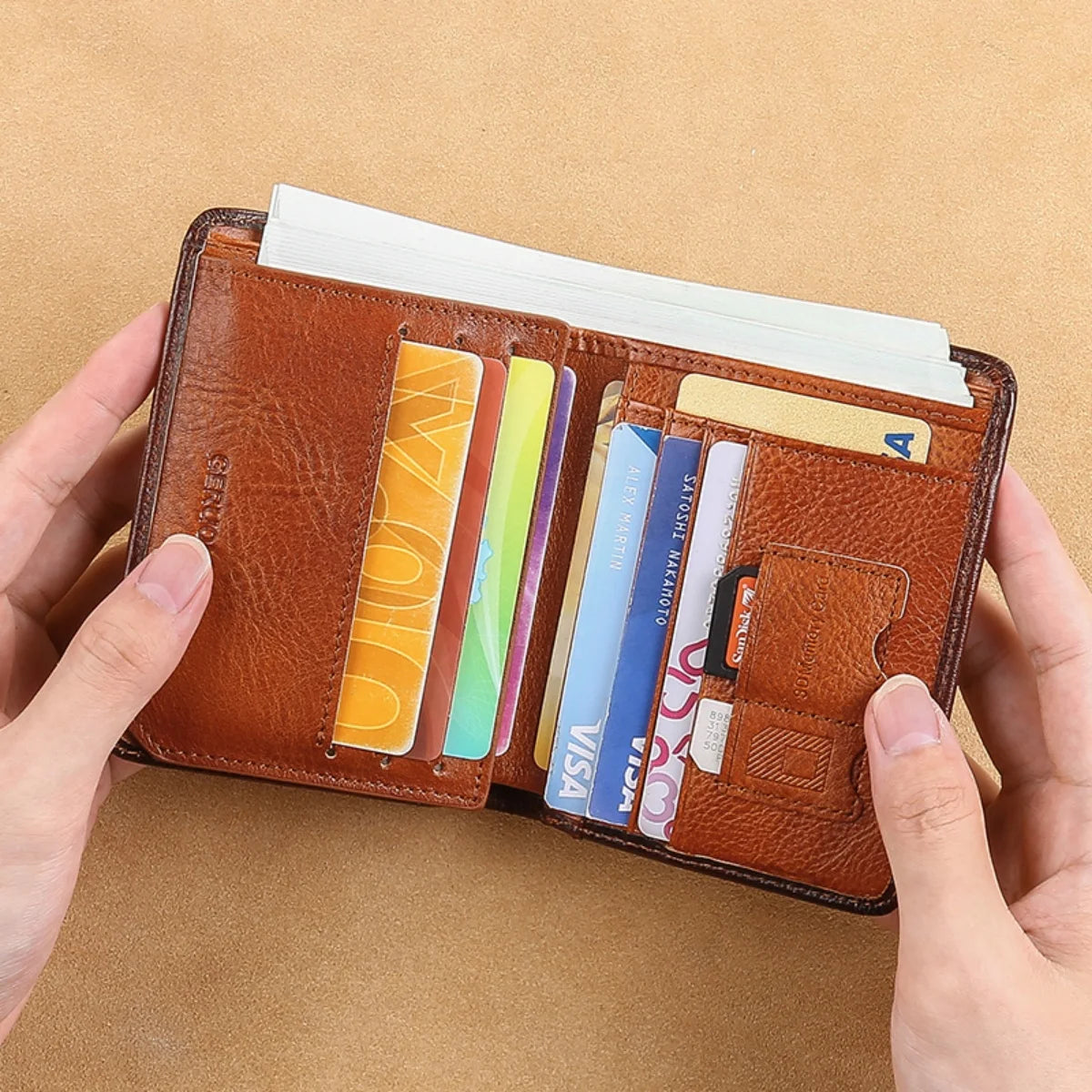 Mens bifold Wallet Genuine Leather RFID Card Holders Cowhide Zip Coin Pocket wallets for men