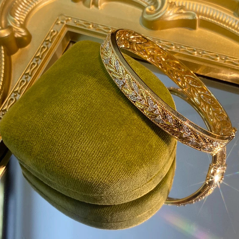 Aazuo 18K Yellow Gold Real Diamonds Luxury Jewerly Fashion Vintage Bangle Gifted For Women  Engagement Halo anillos mujer Party