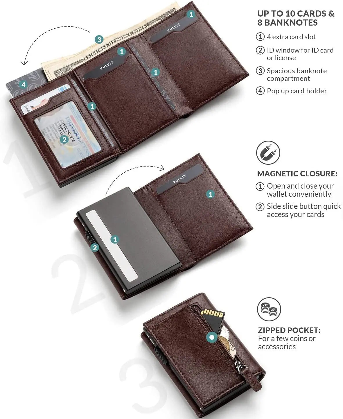 Men Card Holder with Money Pocket PU Leather Pop Up Minimalist Wallet RFID Blocking Slim Metal Bank Card Case