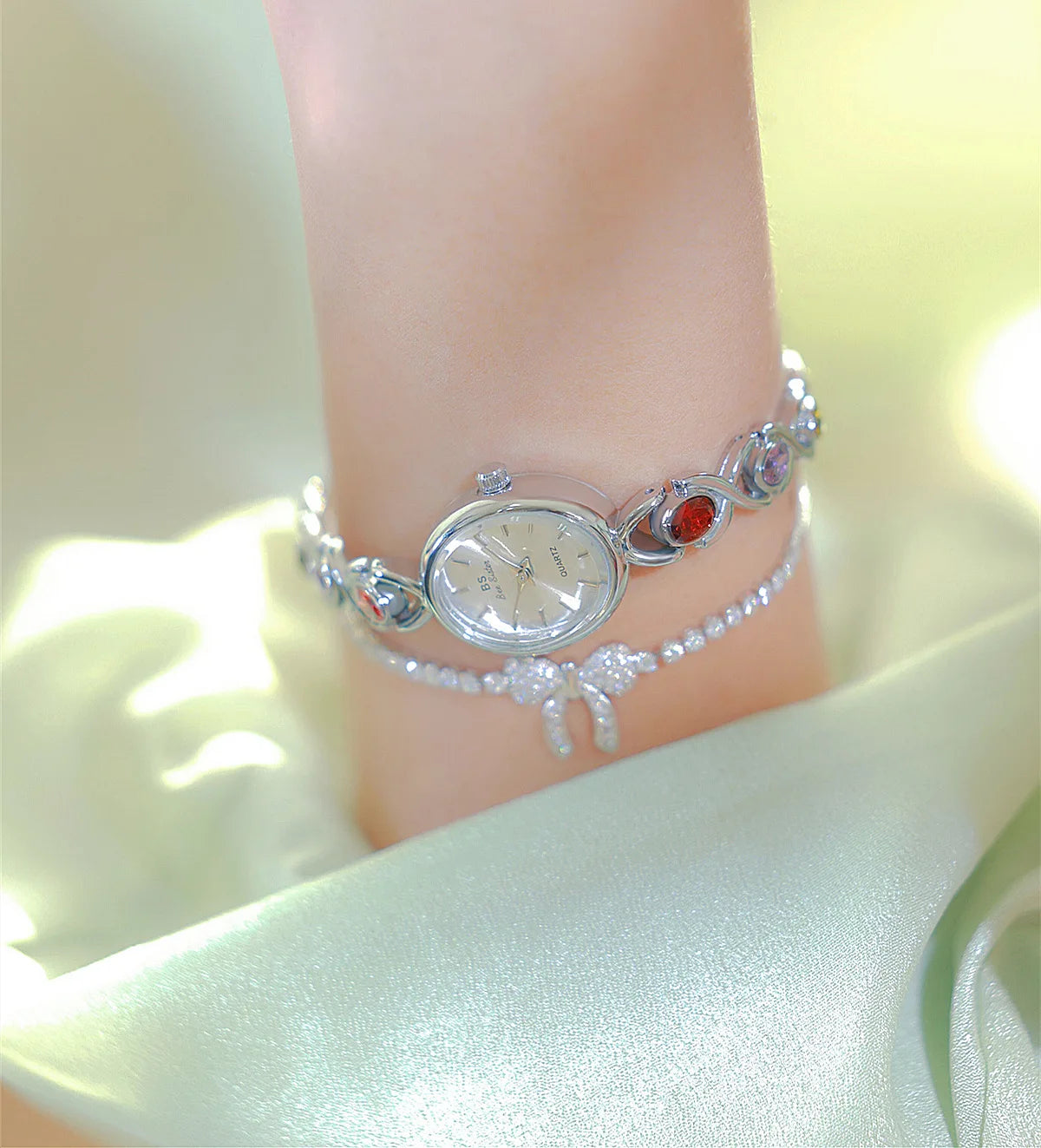 Women's Oval Rainbow Gem Light Luxury Wristwatch Fashion Elegant Waterproof Bracelet Watch Exquisite Small Clock Reloj V43