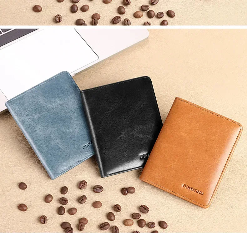 Men's Blue Money Bag Genuine Leather Rfid Wallet for Men Slim Vertical Wallets Black Thin Short ID Credit Card Holder Minimalist