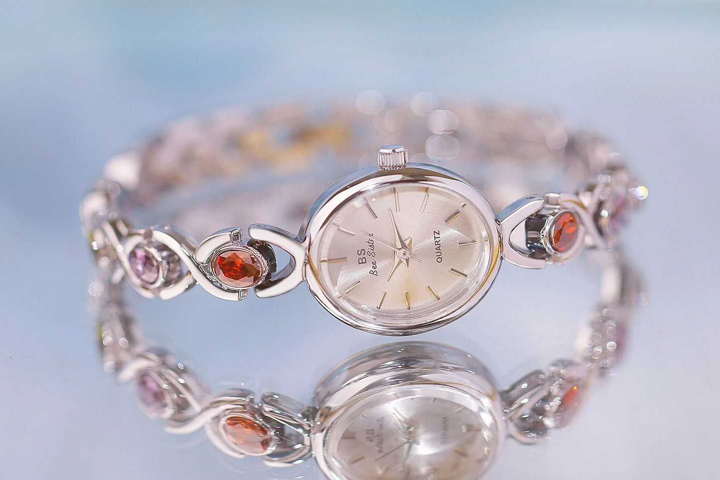 Women's Oval Rainbow Gem Light Luxury Wristwatch Fashion Elegant Waterproof Bracelet Watch Exquisite Small Clock Reloj V43