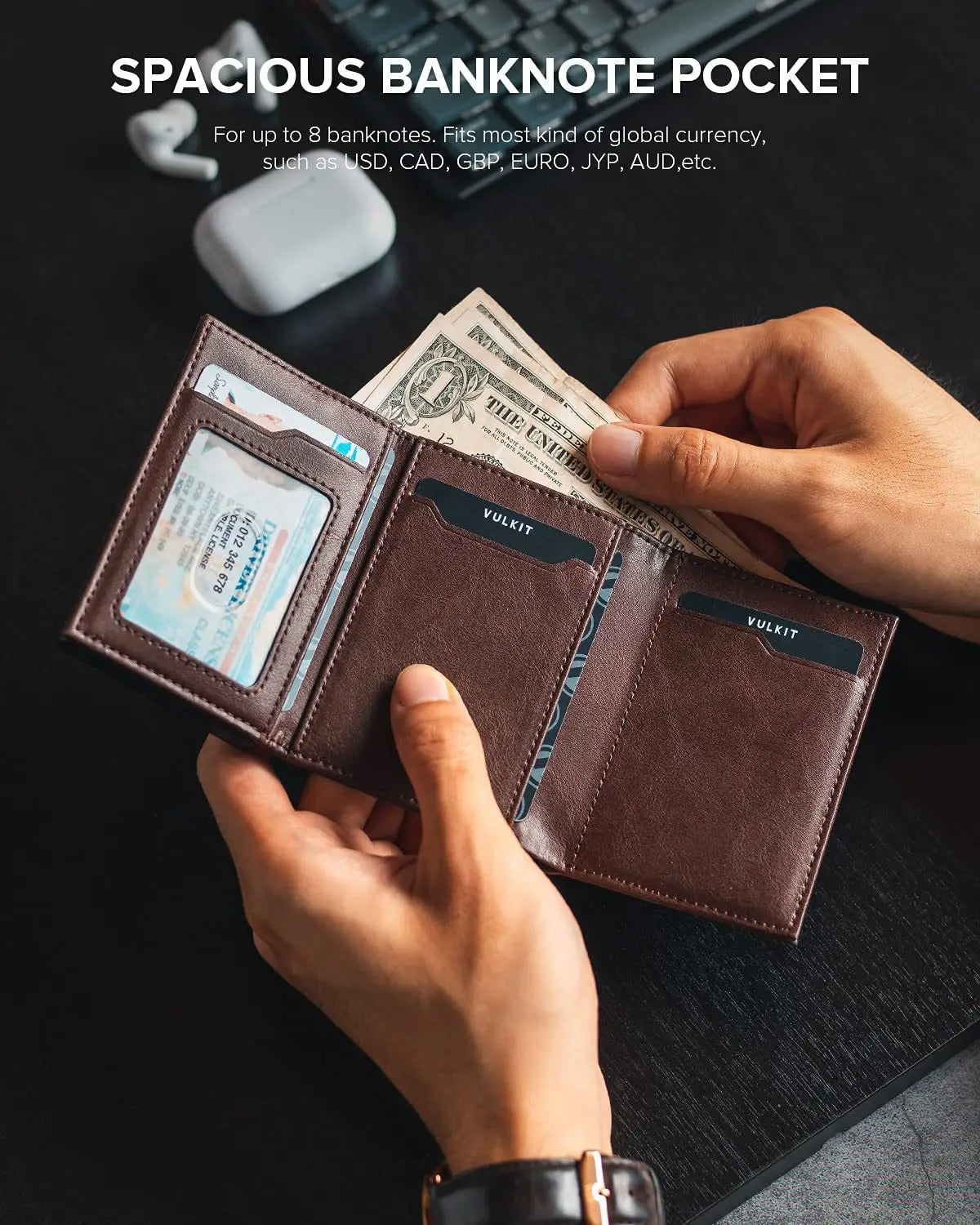 Men Card Holder with Money Pocket PU Leather Pop Up Minimalist Wallet RFID Blocking Slim Metal Bank Card Case