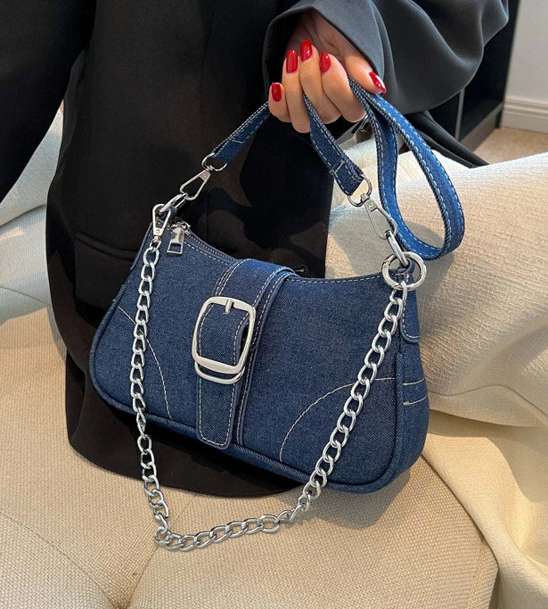 High end denim small bag women's bag 2025 new European and American style fashionable single shoulder crossbody bag chain