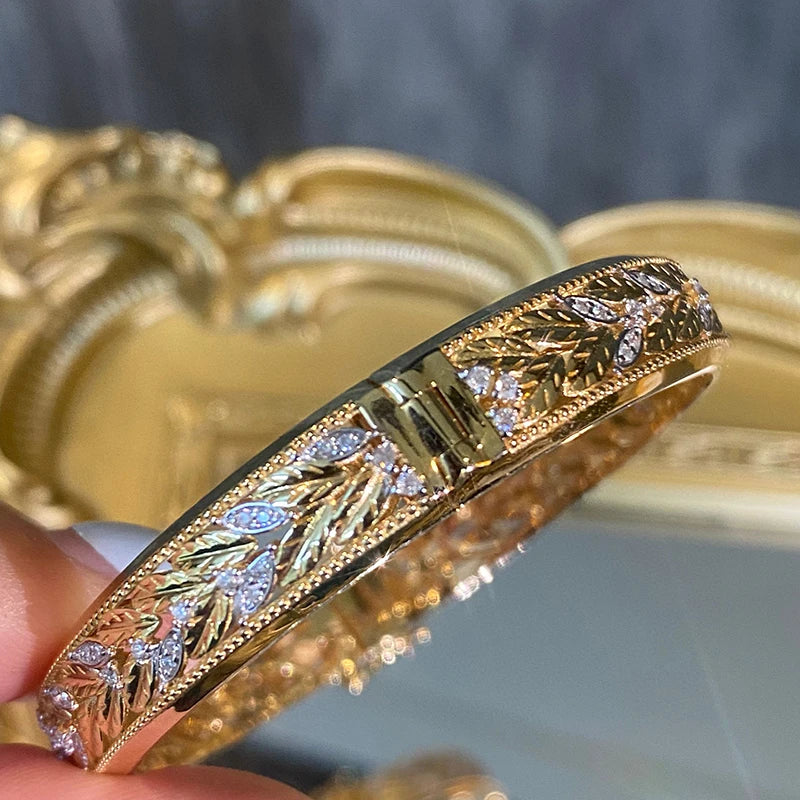 Aazuo 18K Yellow Gold Real Diamonds Luxury Jewerly Fashion Vintage Bangle Gifted For Women  Engagement Halo anillos mujer Party