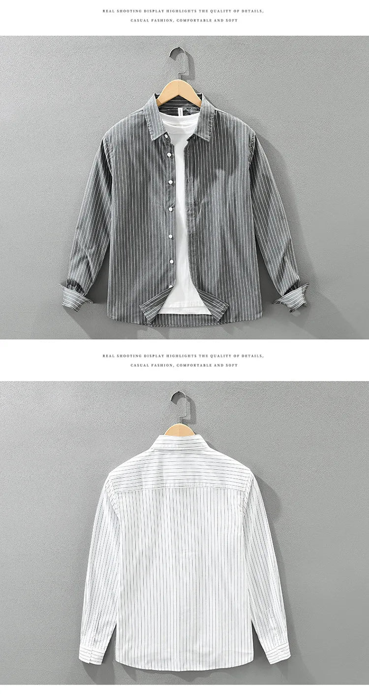 2025 Autumn New Fresh Striped 100% Cotton Long Sleeve Shirt for Men Clothing Comfort Turn-down Collar Tops CM7629