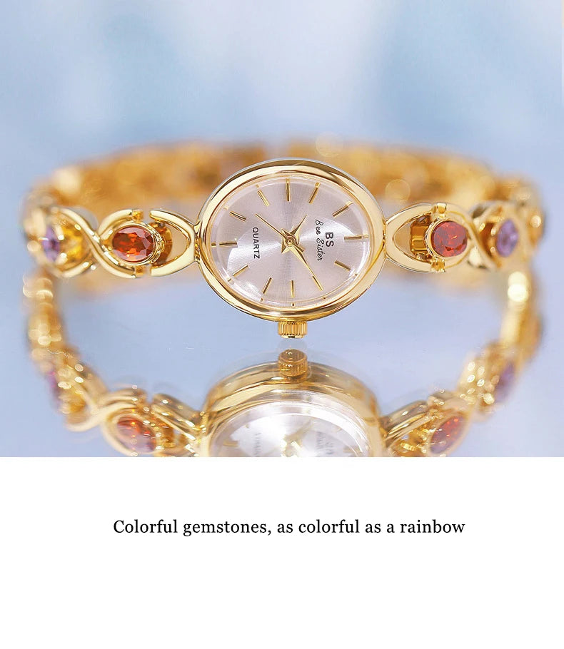 Women's Oval Rainbow Gem Light Luxury Wristwatch Fashion Elegant Waterproof Bracelet Watch Exquisite Small Clock Reloj V43