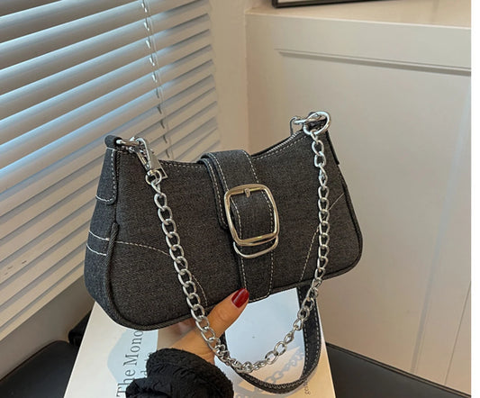 High end denim small bag women's bag 2025 new European and American style fashionable single shoulder crossbody bag chain