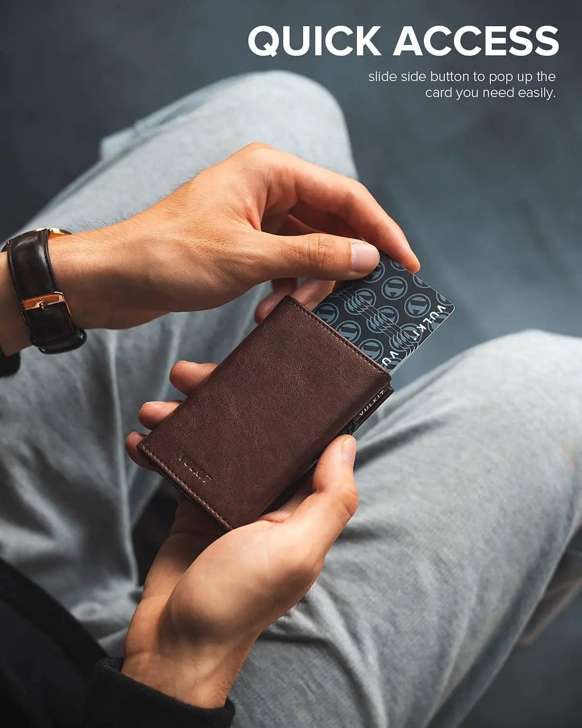 Men Card Holder with Money Pocket PU Leather Pop Up Minimalist Wallet RFID Blocking Slim Metal Bank Card Case