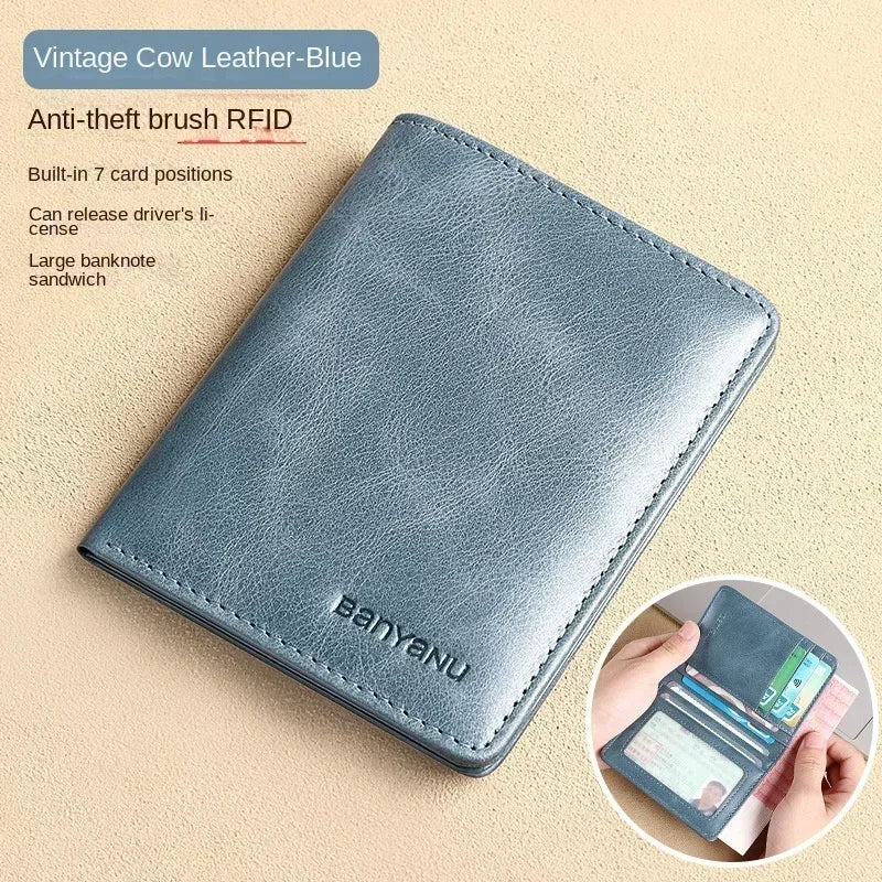 Men's Blue Money Bag Genuine Leather Rfid Wallet for Men Slim Vertical Wallets Black Thin Short ID Credit Card Holder Minimalist
