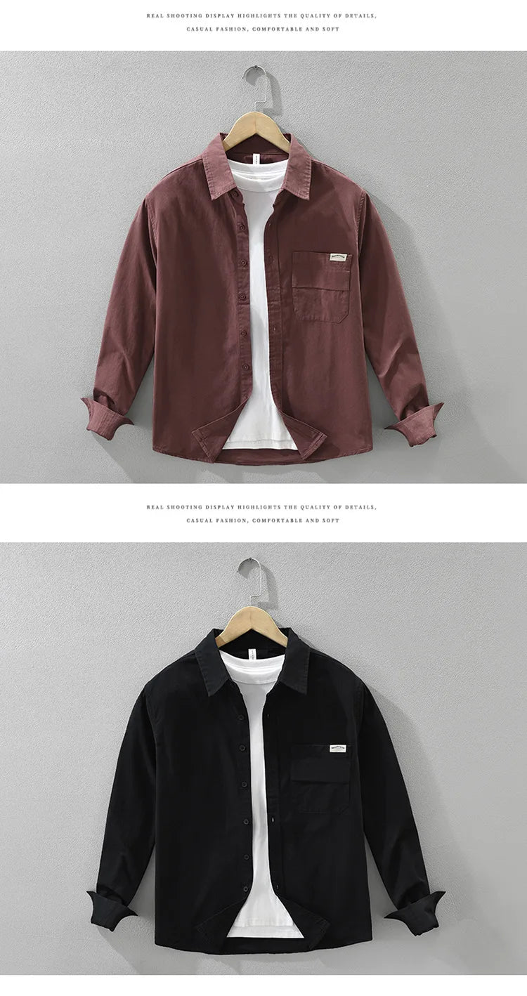 2025 Autumn New Simple Cargo 100% Cotton Long Sleeve Shirt for Men Clothing Solid Color Turn-down Collar Versatile CM7698