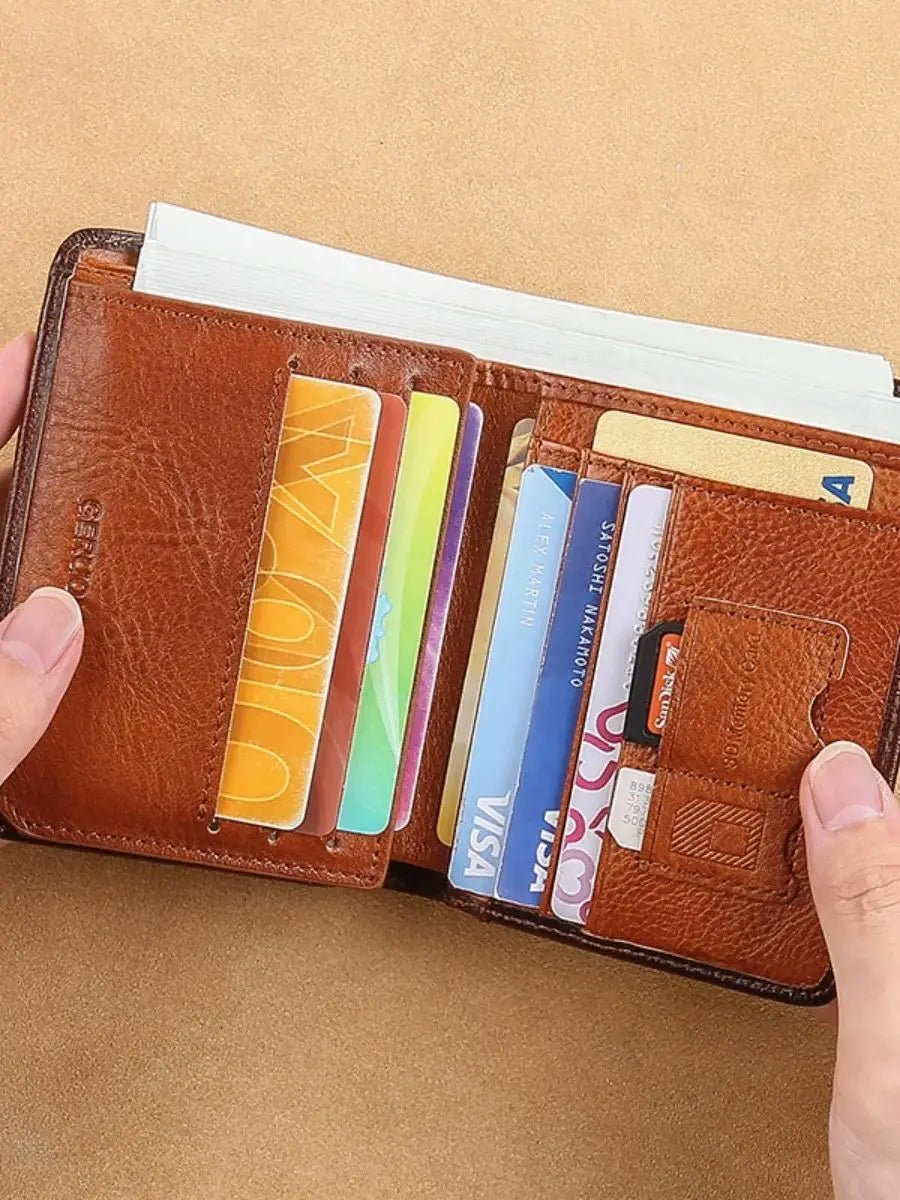 Mens bifold Wallet Genuine Leather RFID Card Holders Cowhide Zip Coin Pocket wallets for men