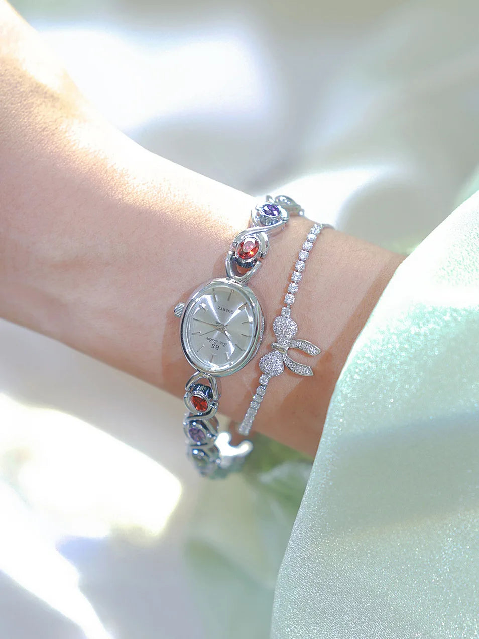 Women's Oval Rainbow Gem Light Luxury Wristwatch Fashion Elegant Waterproof Bracelet Watch Exquisite Small Clock Reloj V43