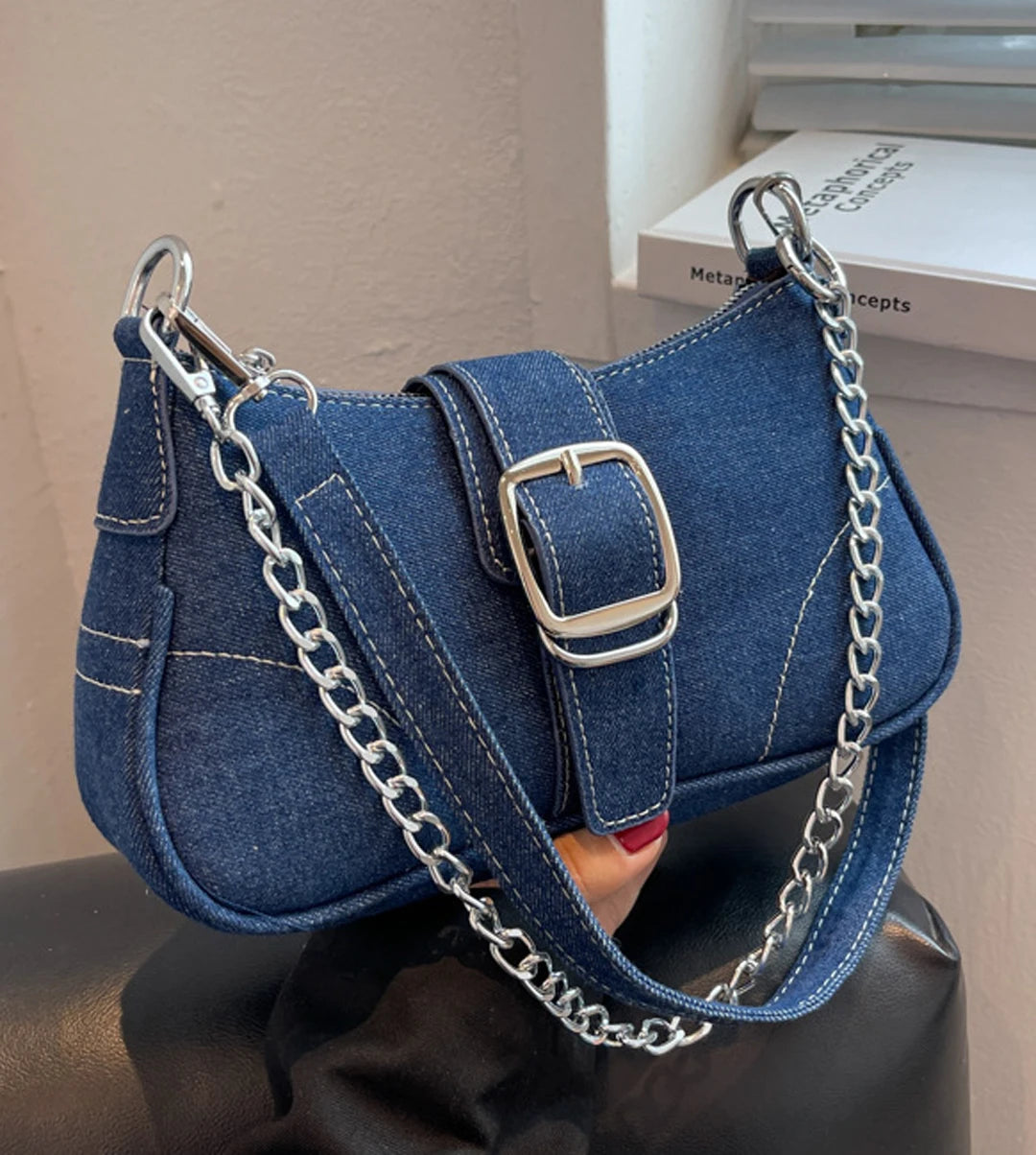 High end denim small bag women's bag 2025 new European and American style fashionable single shoulder crossbody bag chain