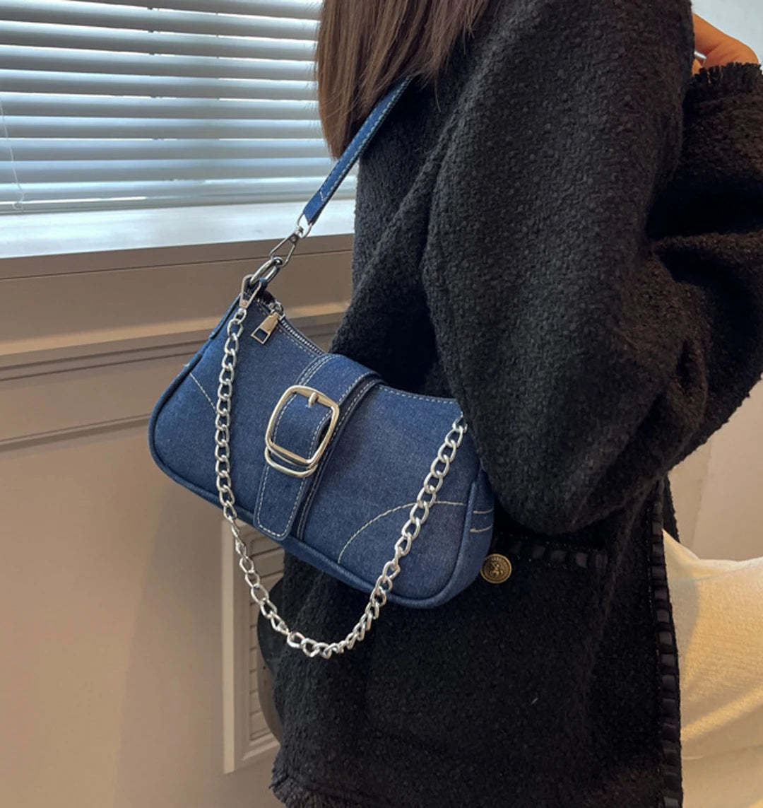 High end denim small bag women's bag 2025 new European and American style fashionable single shoulder crossbody bag chain