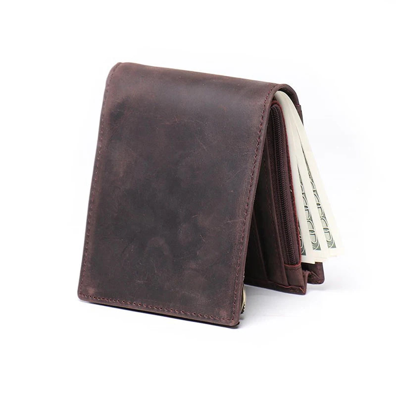 Men's Crazy Horse Leather Zipper Foldable Wallet Bank Credit Card Holder Men's Coin Purse Leather Simple Wallet