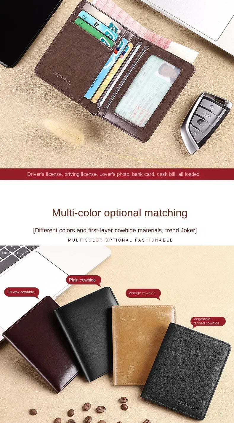 Men's Blue Money Bag Genuine Leather Rfid Wallet for Men Slim Vertical Wallets Black Thin Short ID Credit Card Holder Minimalist